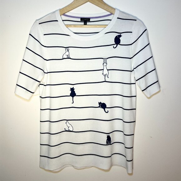 Talbots Cat Embroidered Striped Short Sleeve Sweater – Size Large - Picture 1 of 6